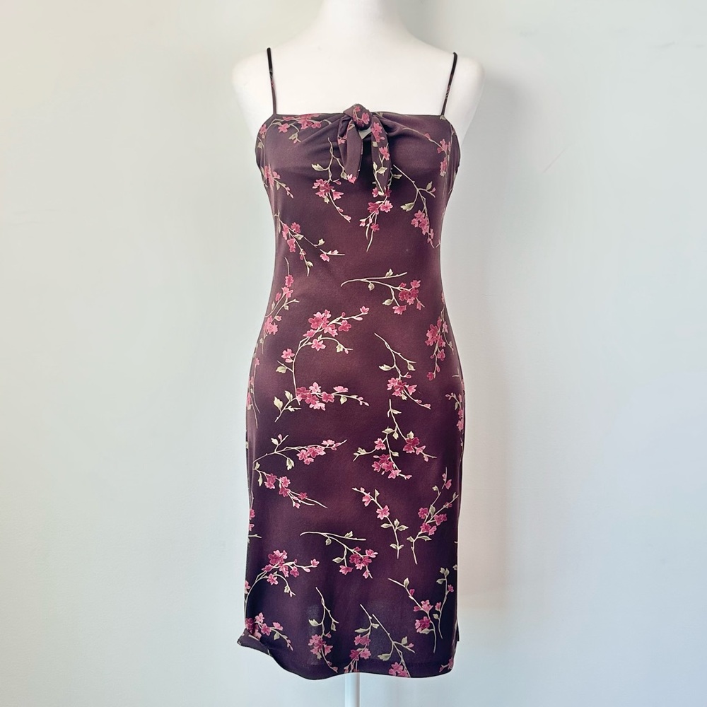 Vintage Y2k Teeze Me Deep Burgundy Dainty Pink Floral Fitted Dress - Picture 2 of 14